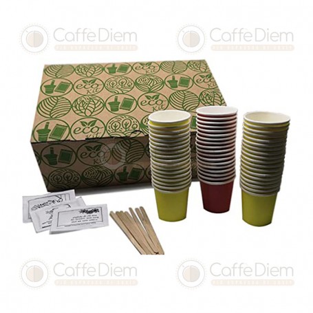 Kit Accessori Caffè Ecologico 150 Palette Legno, Zucchero, Bicchierini Carta